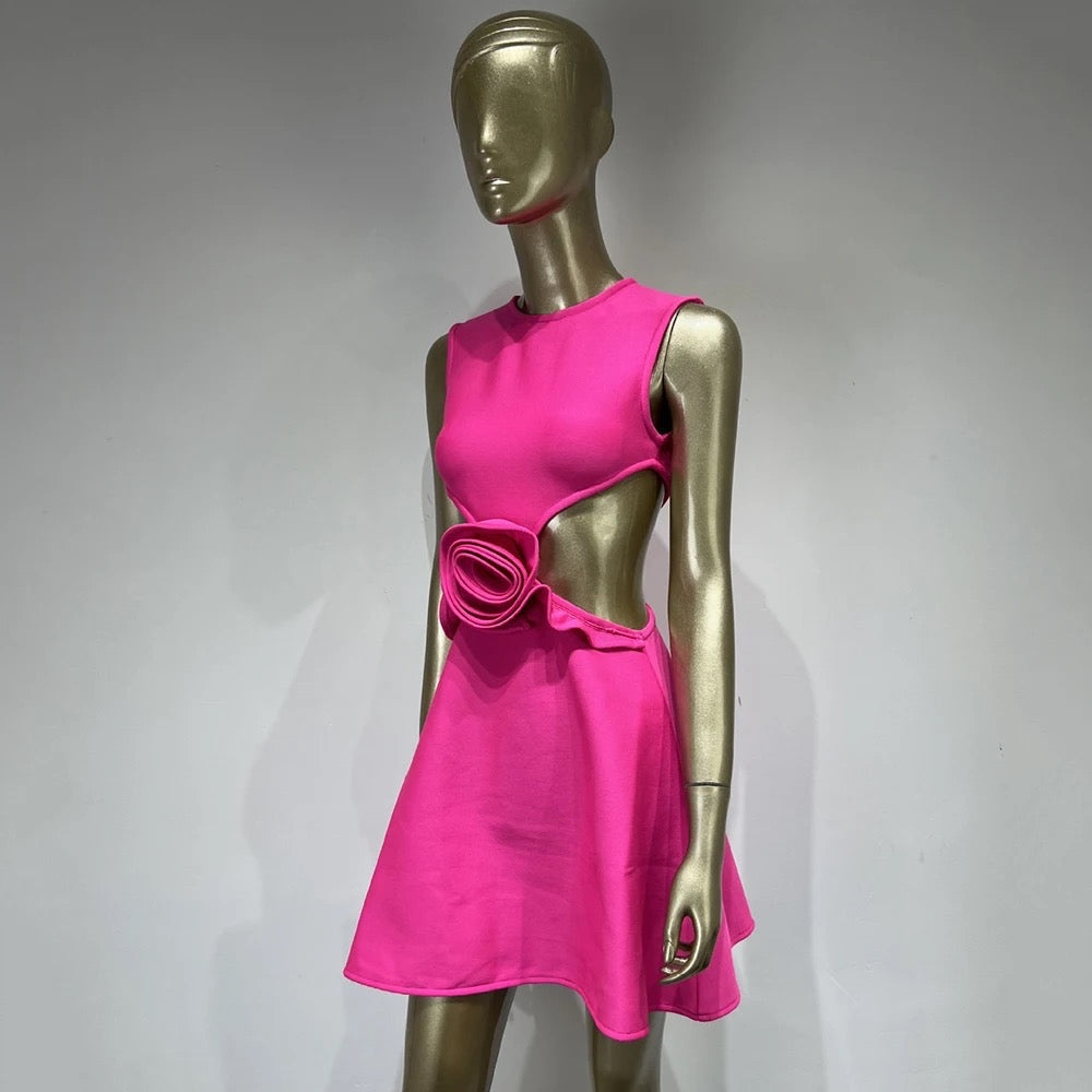 Sleeveless Hollow Flower Hot Pink A-Line Mini Tight Strap Dress REBECATHELABEL