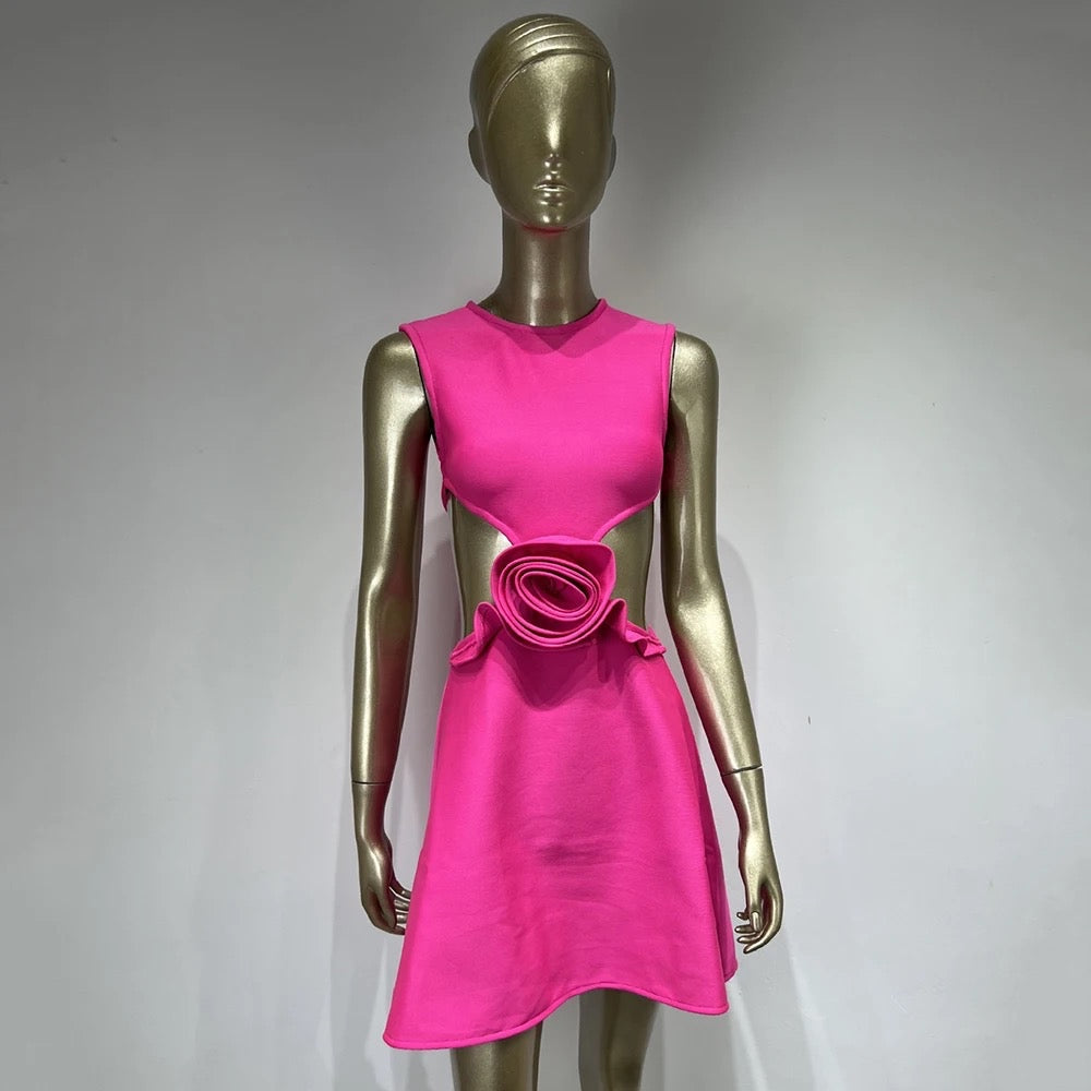 Sleeveless Hollow Flower Hot Pink A-Line Mini Tight Strap Dress REBECATHELABEL