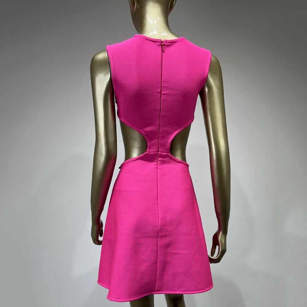 Sleeveless Hollow Flower Hot Pink A-Line Mini Tight Strap Dress REBECATHELABEL