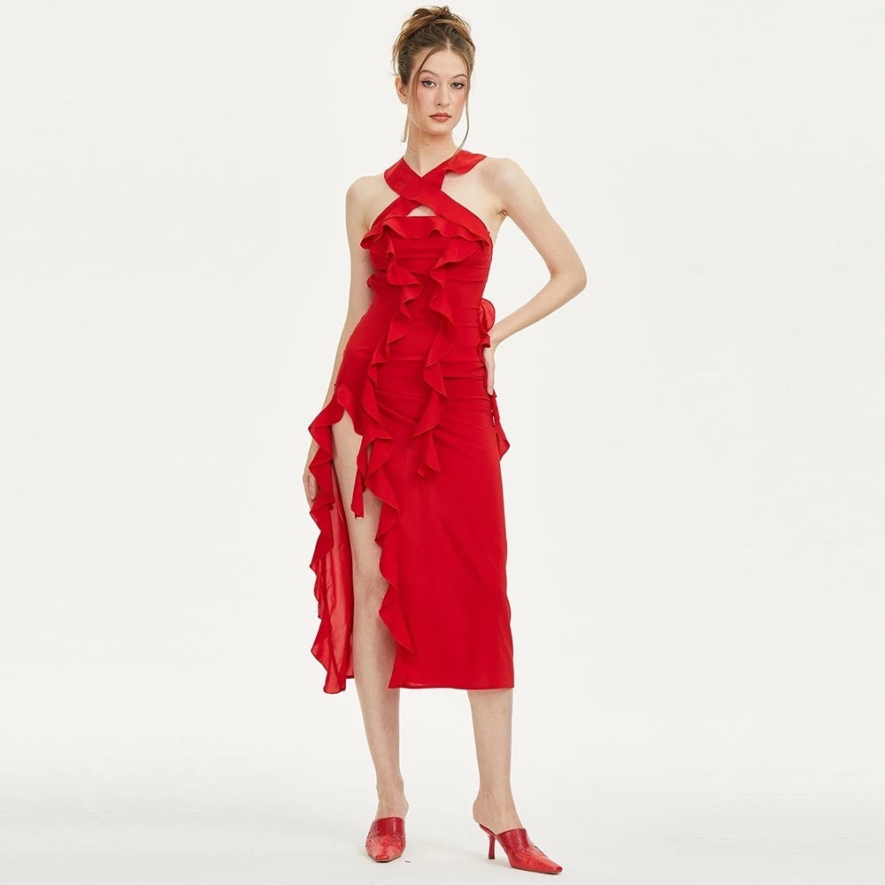 Sleeveless Red Sexy Ruffle Edge Tight Strapless Midi Dress REBECATHELABEL