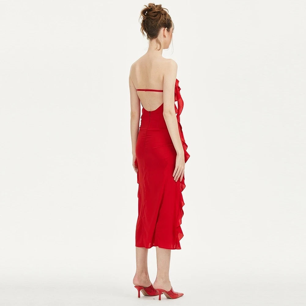 Sleeveless Red Sexy Ruffle Edge Tight Strapless Midi Dress REBECATHELABEL