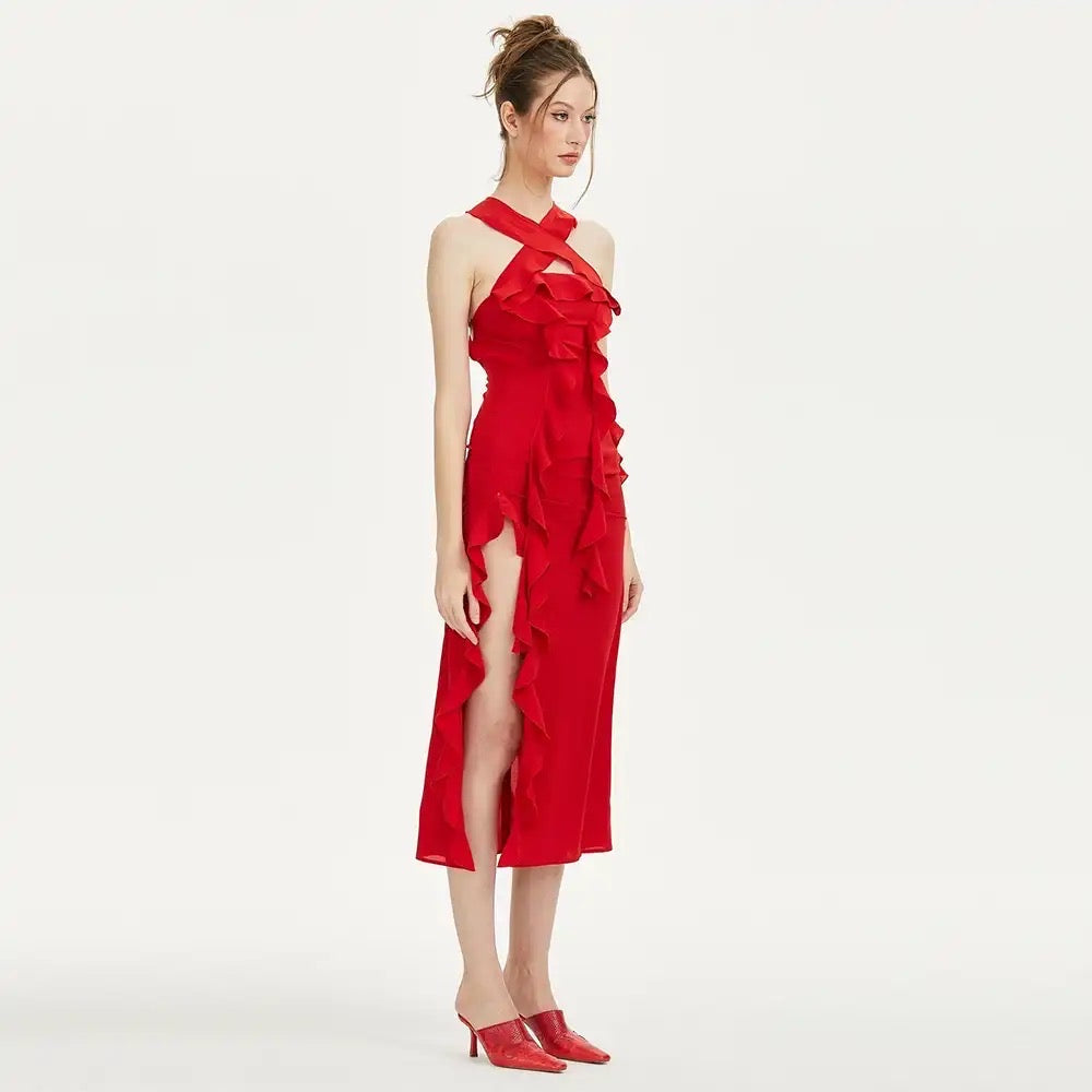 Sleeveless Red Sexy Ruffle Edge Tight Strapless Midi Dress REBECATHELABEL