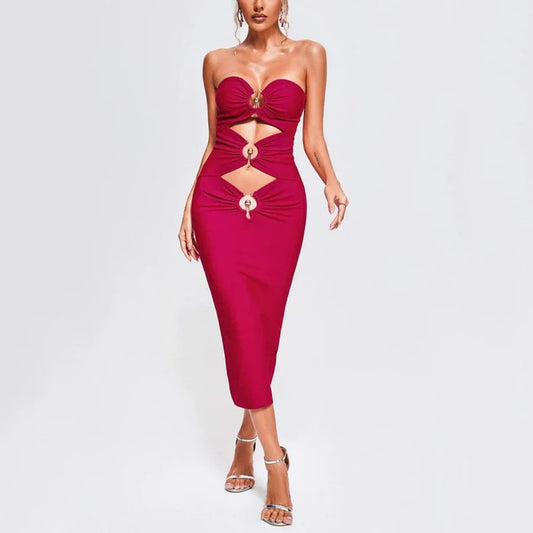 Sleeveless Solid Hollow Fit Midi Bandage Dress REBECATHELABEL