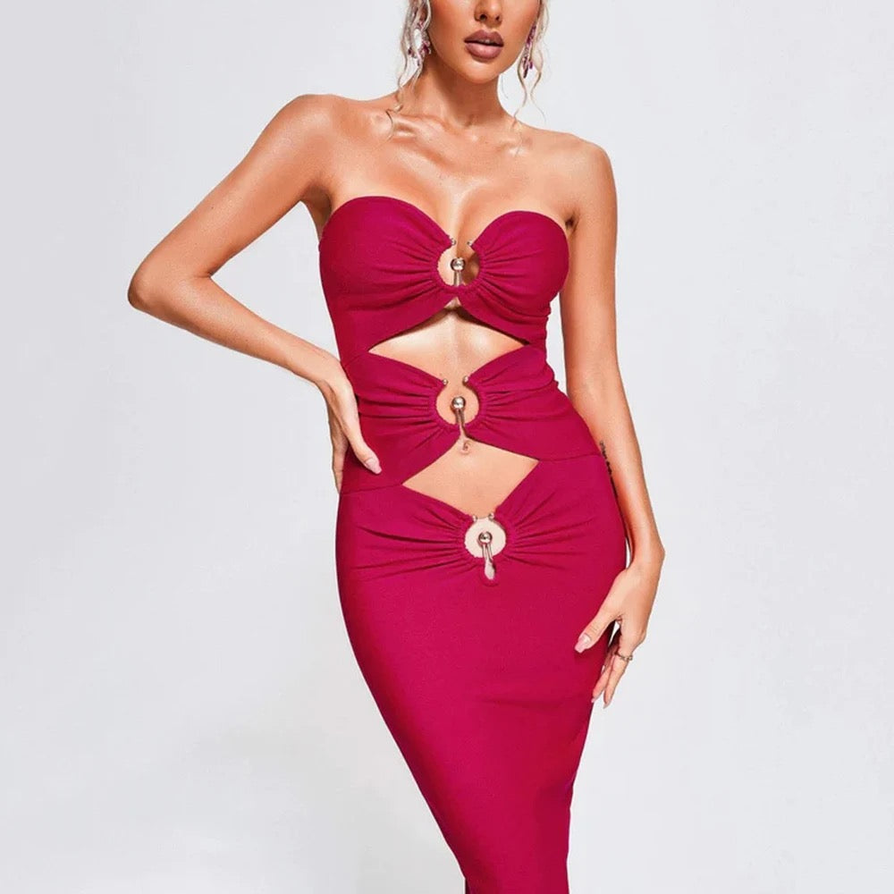 Sleeveless Solid Hollow Fit Midi Bandage Dress REBECATHELABEL