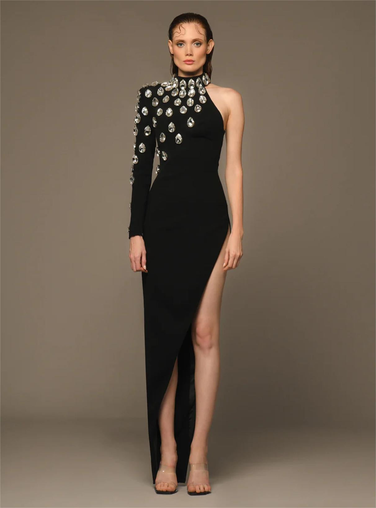 Slit Ball Rhinestone Beaded Long Sleeve dress REBECATHELABEL