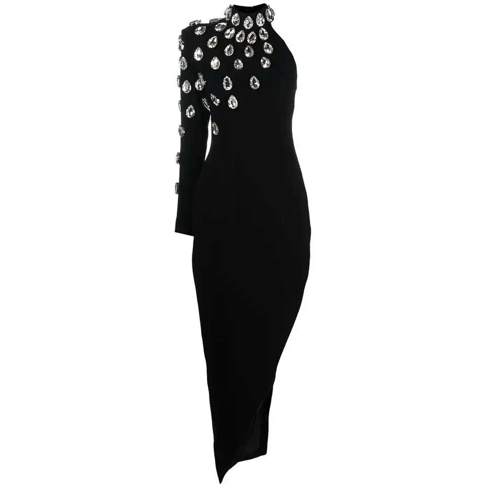 Slit Ball Rhinestone Beaded Long Sleeve dress REBECATHELABEL