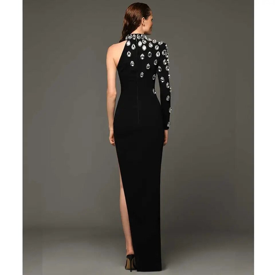 Slit Ball Rhinestone Beaded Long Sleeve dress REBECATHELABEL