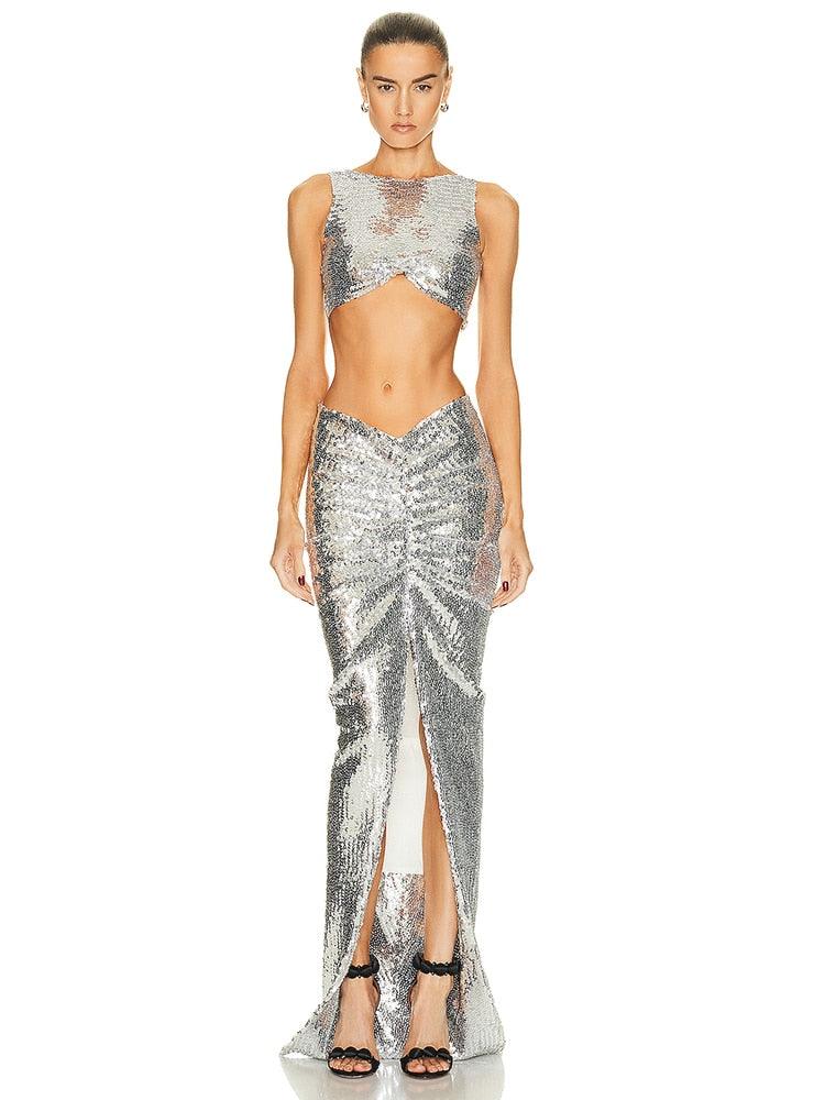 Sliver Tank Split Skirts Set Shiny Evening Set REBECATHELABEL