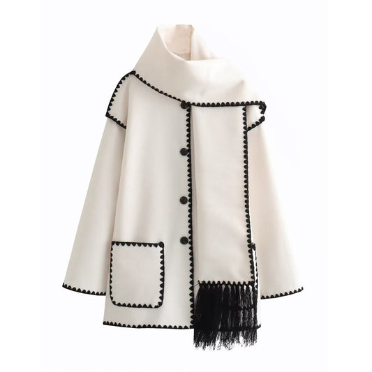 Solid Color Scarf Stitching Woolen Coat REBECATHELABEL