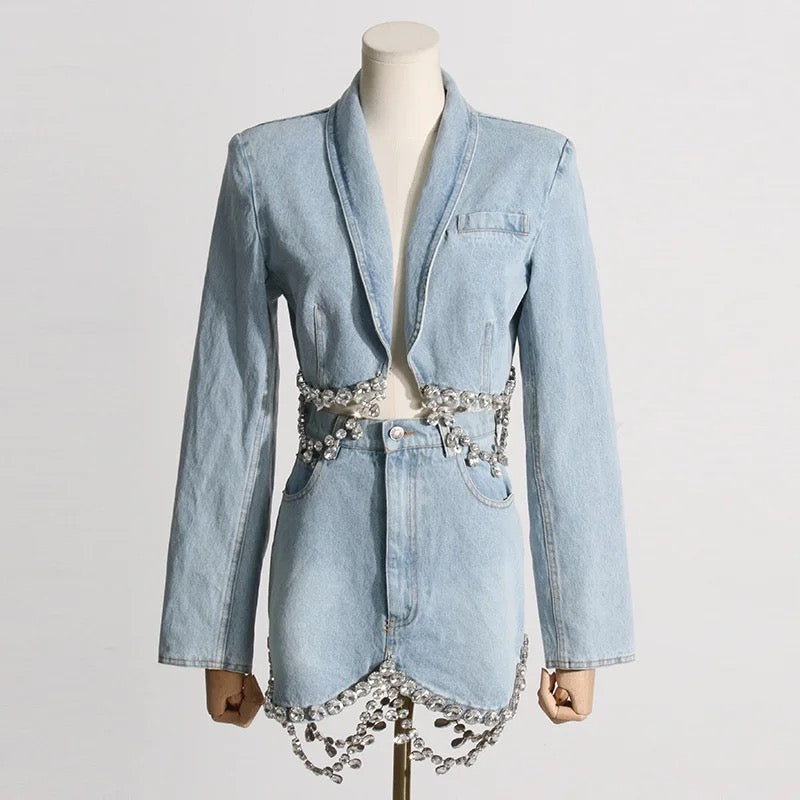 Spliced Diamonds Tassel Denim Two Piece Set REBECATHELABEL