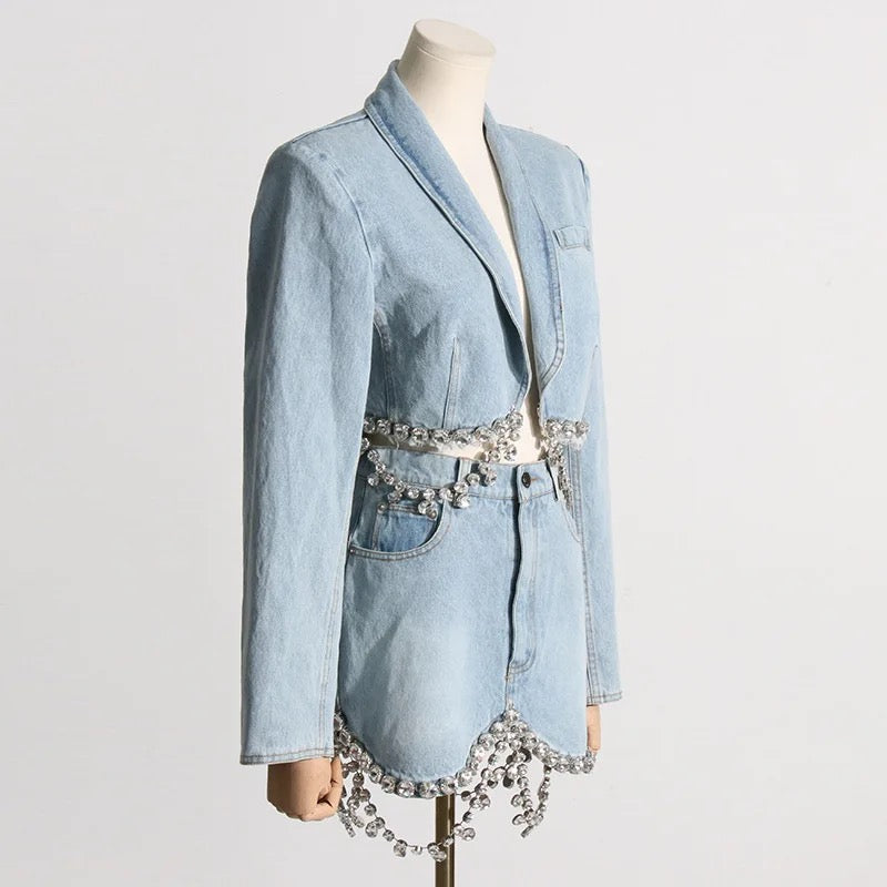 Spliced Diamonds Tassel Denim Two Piece Set REBECATHELABEL