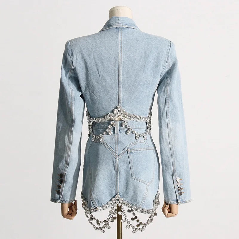 Spliced Diamonds Tassel Denim Two Piece Set REBECATHELABEL