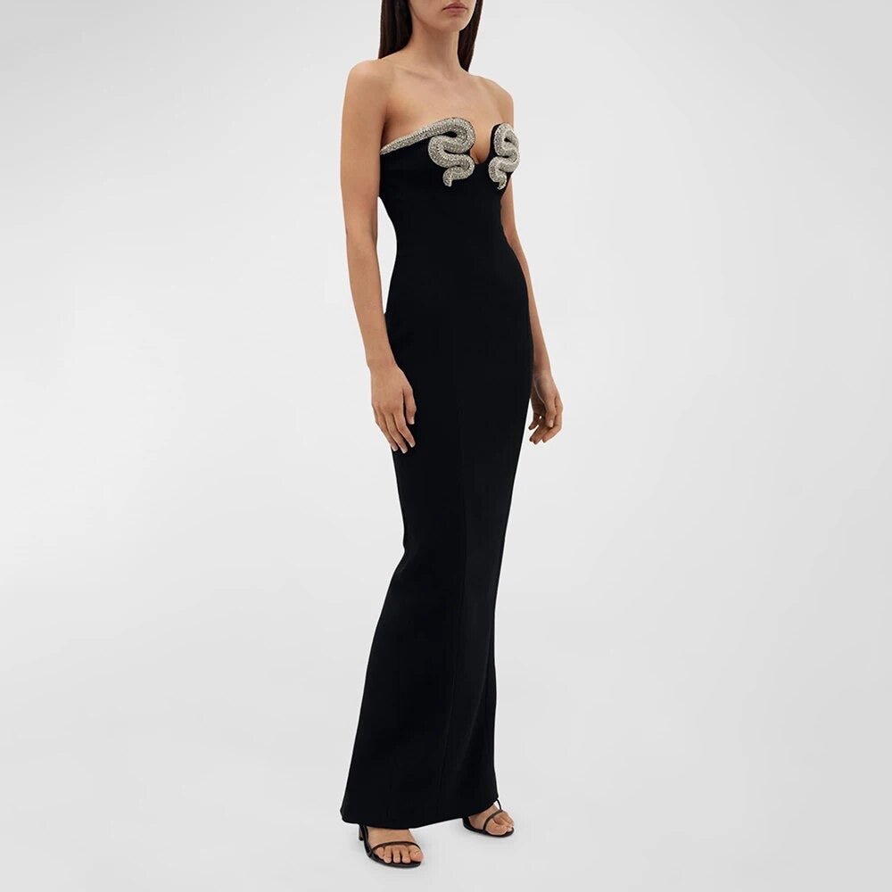 Strapless Diamond Crystal Snake Tight Long Bandage Dress REBECATHELABEL