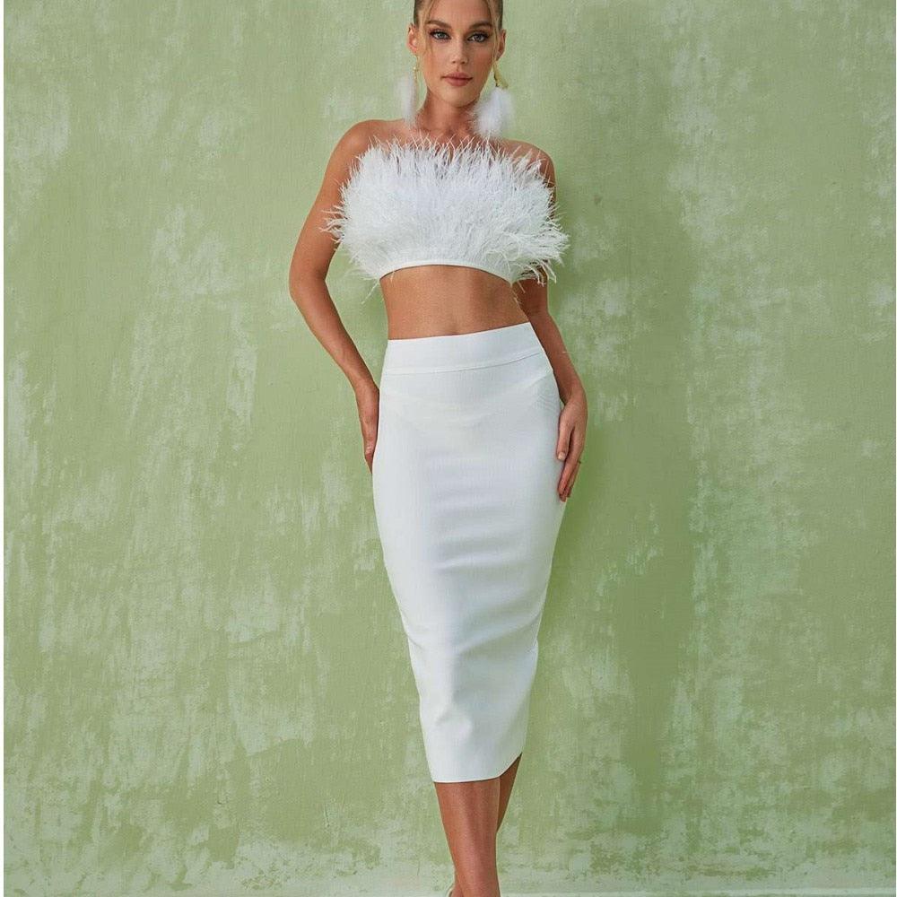 Strapless Feather Top Bandage Skirt Bandage Suit REBECATHELABEL