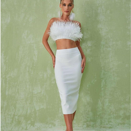 Strapless Feather Top Bandage Skirt Bandage Suit REBECATHELABEL