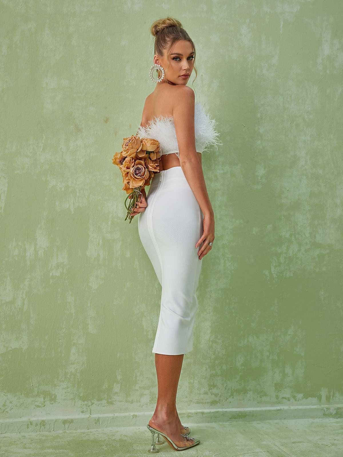 Strapless Feather Top Bandage Skirt Bandage Suit REBECATHELABEL