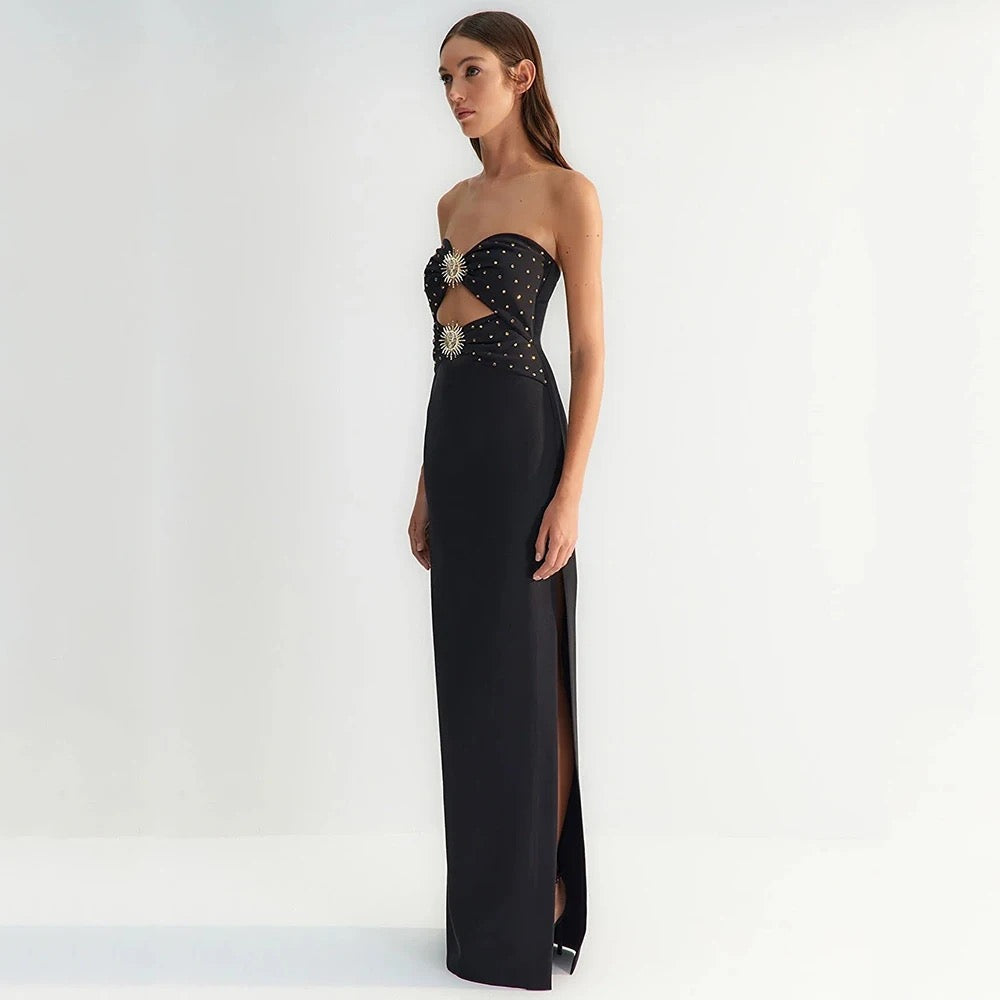 Strapless Hollow Diamond Sunflower Tight Long Bandage Dress REBECATHELABEL