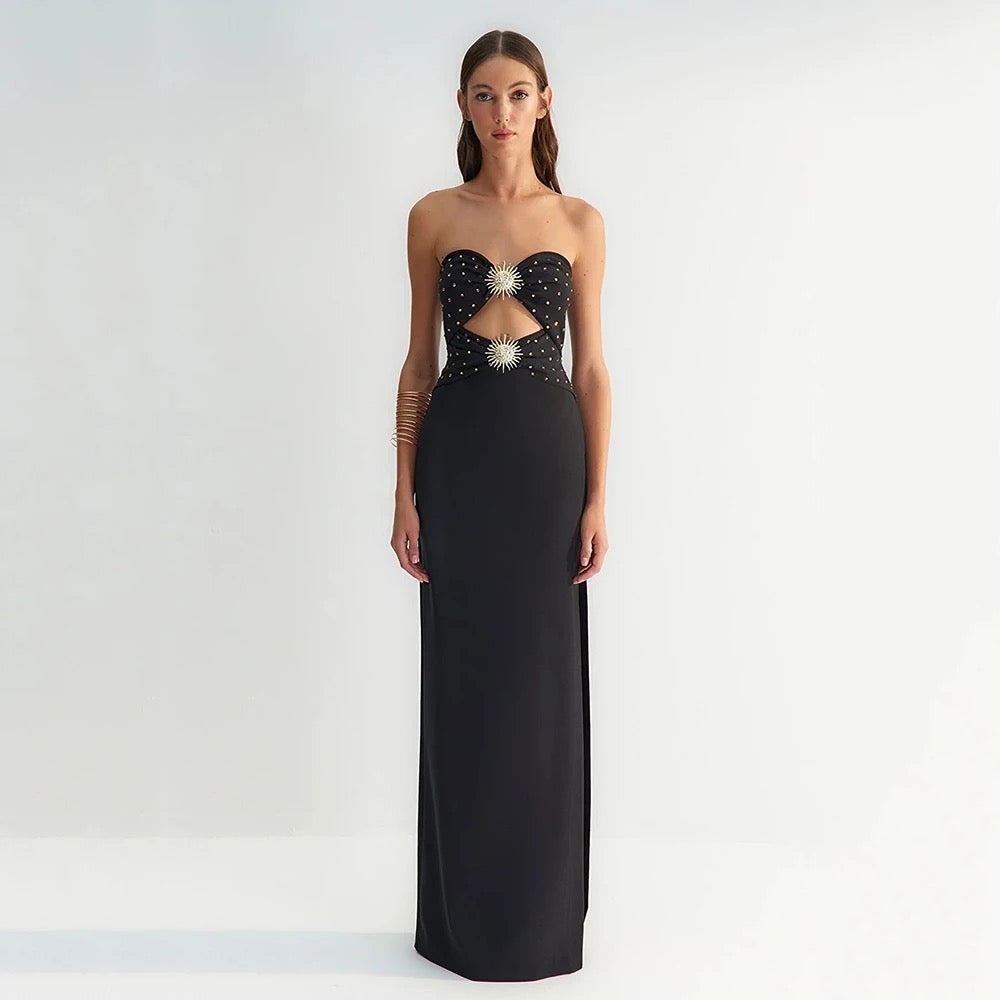 Strapless Hollow Diamond Sunflower Tight Long Bandage Dress REBECATHELABEL