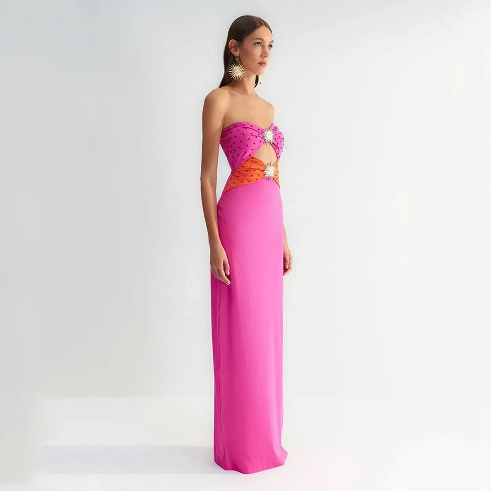 Strapless Hollow Diamond Tight Long High Split Bandage Dress REBECATHELABEL