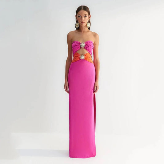 Strapless Hollow Diamond Tight Long High Split Bandage Dress REBECATHELABEL