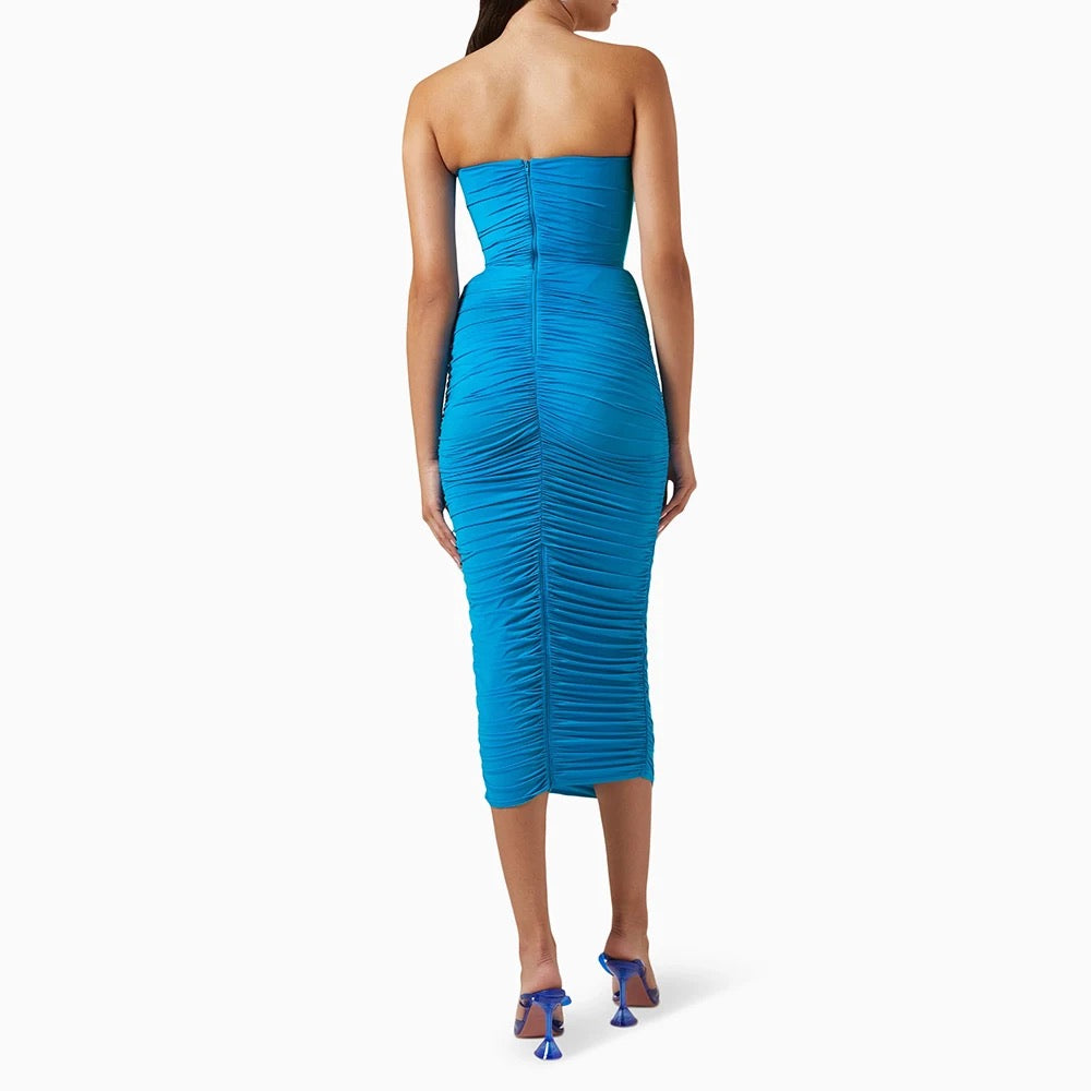 Strapless Open Back Pleated Skinny Midi Bandage Dress REBECATHELABEL