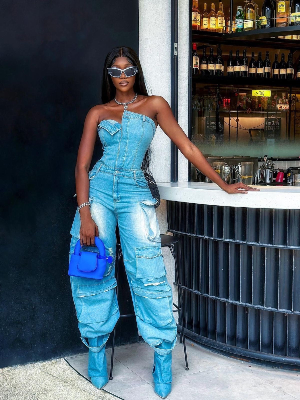 Strapless Pockect Denim Jumpsuit In Blue REBECATHELABEL