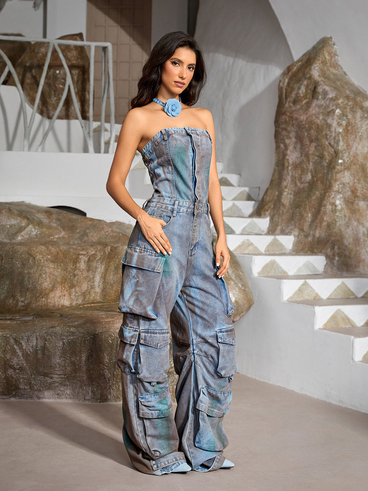 Strapless Pockect Denim Jumpsuit In Green REBECATHELABEL