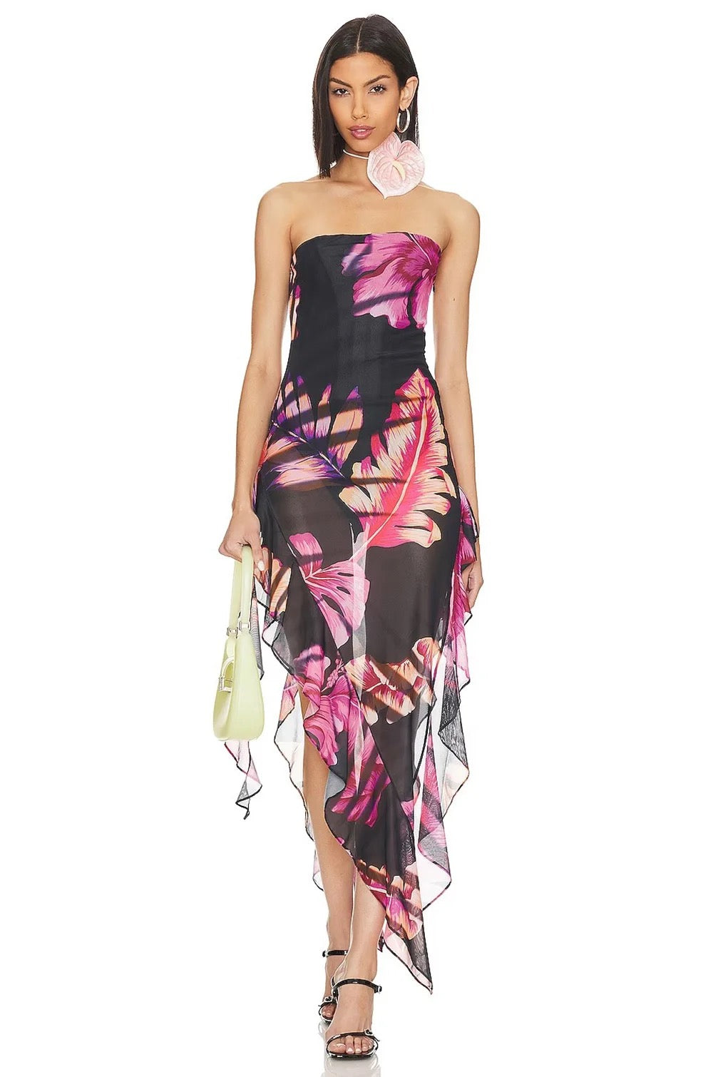 Strapless Printed Asymmetric Ruffle Dress REBECATHELABEL