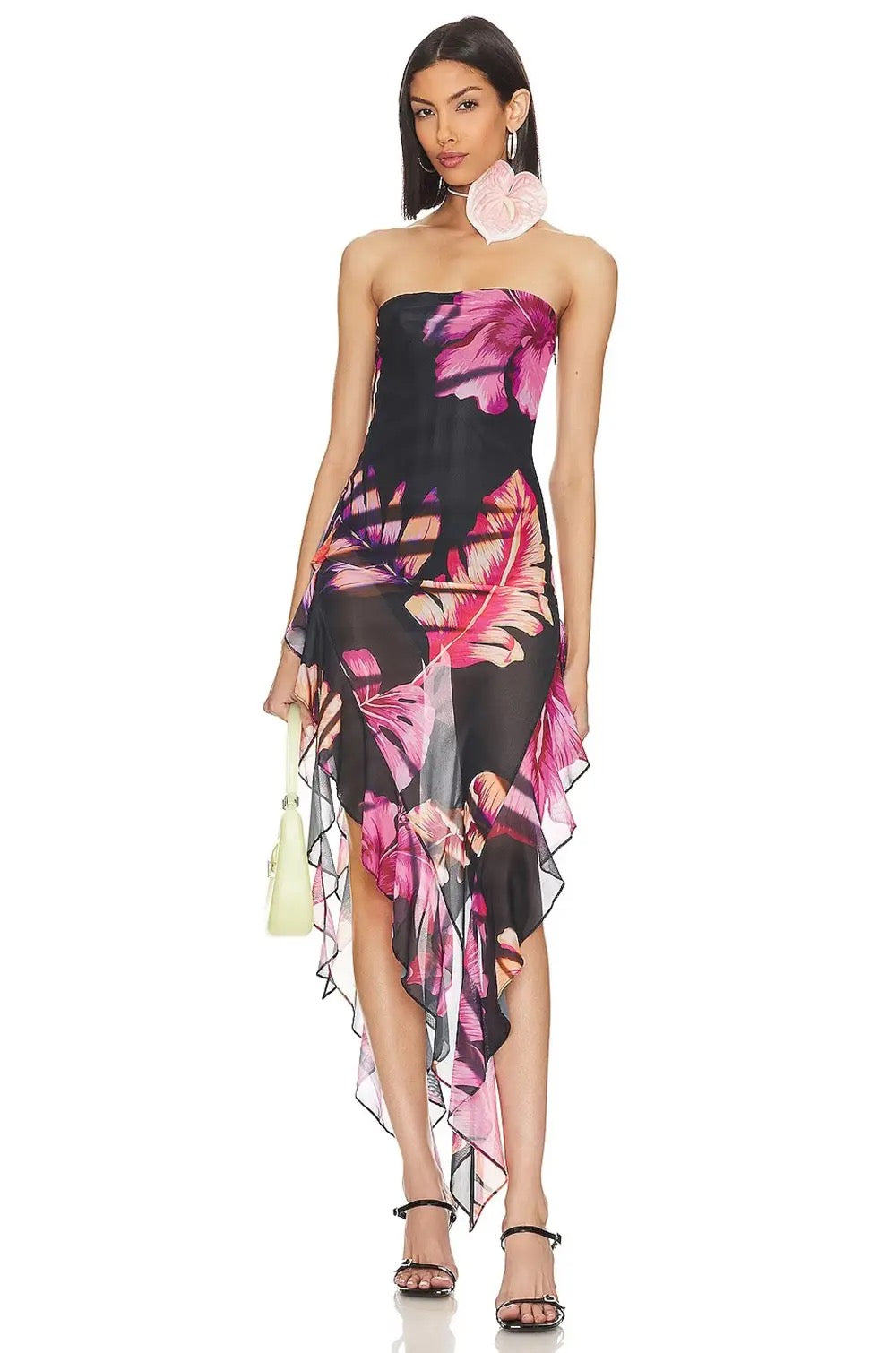 Strapless Printed Asymmetric Ruffle Dress REBECATHELABEL