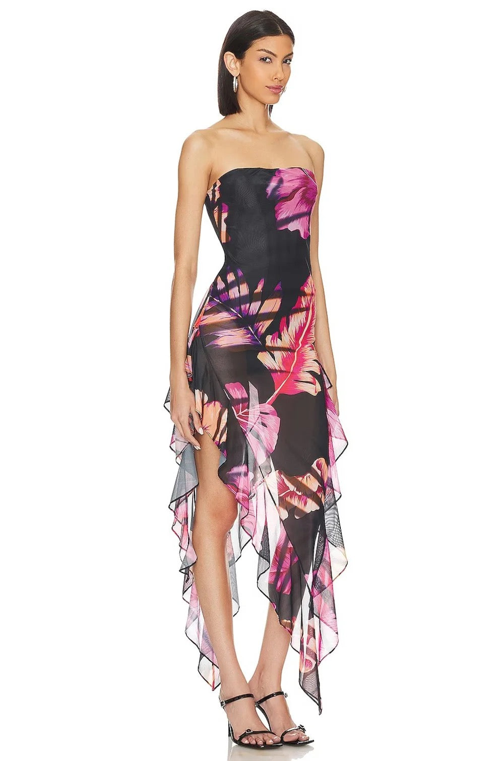 Strapless Printed Asymmetric Ruffle Dress REBECATHELABEL