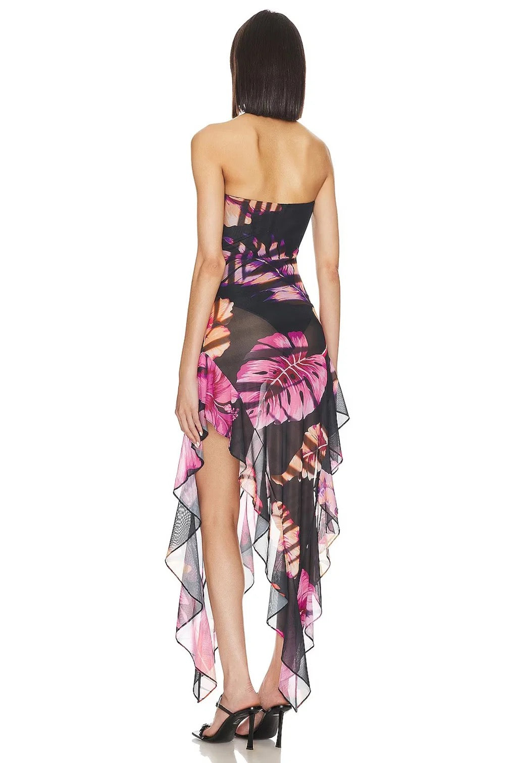 Strapless Printed Asymmetric Ruffle Dress REBECATHELABEL