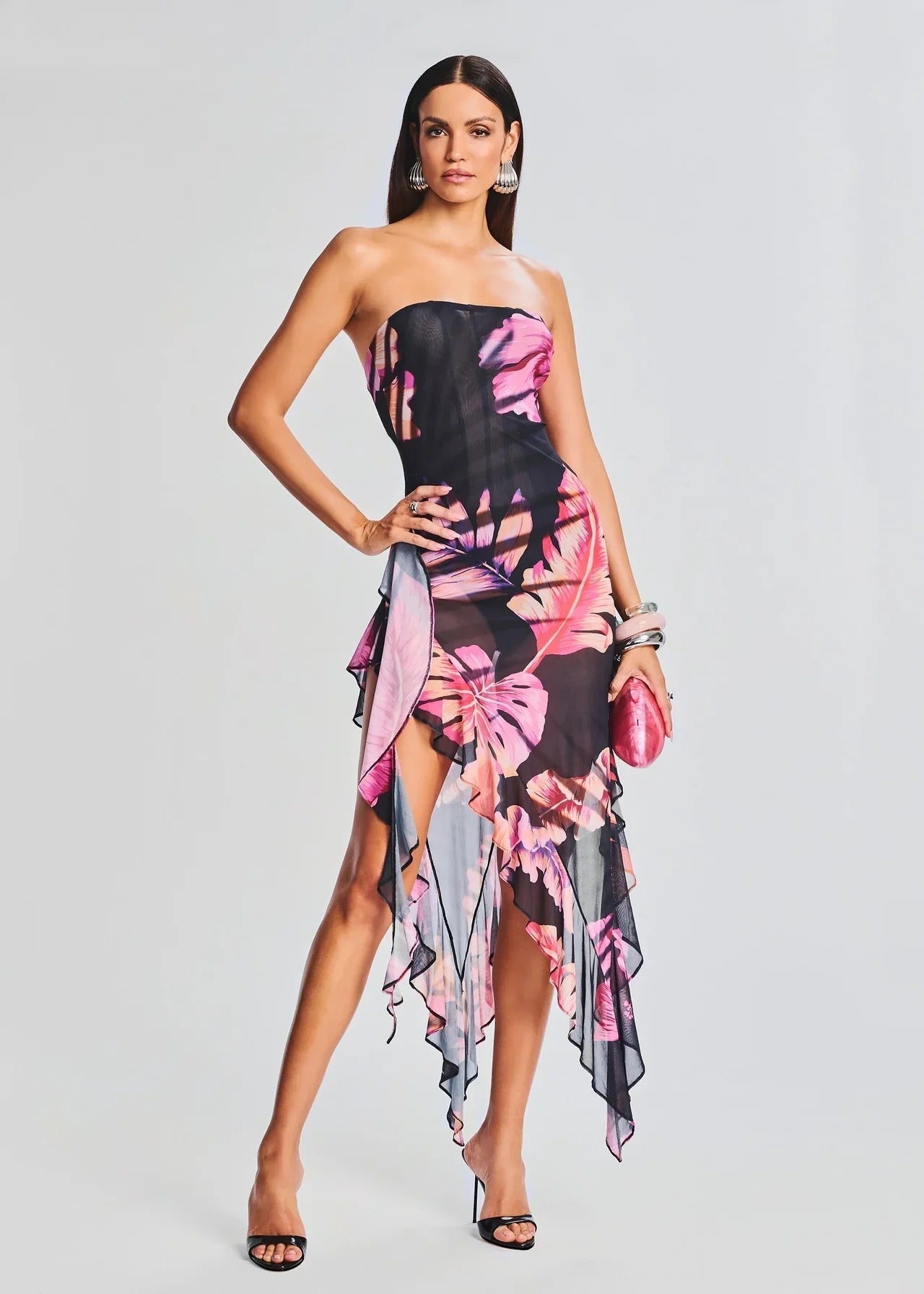 Strapless Printed Asymmetric Ruffle Dress REBECATHELABEL