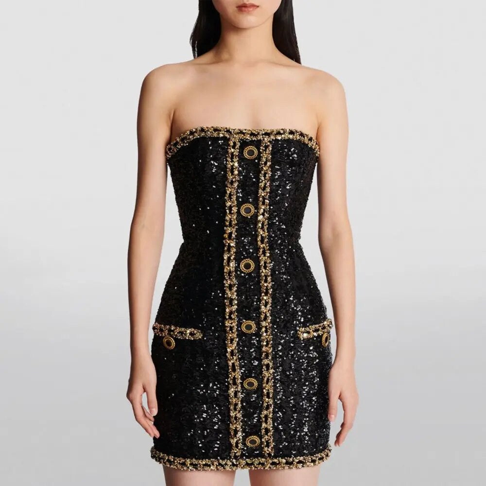 Strapless Sequin Decoration Tight Mini Dress REBECATHELABEL