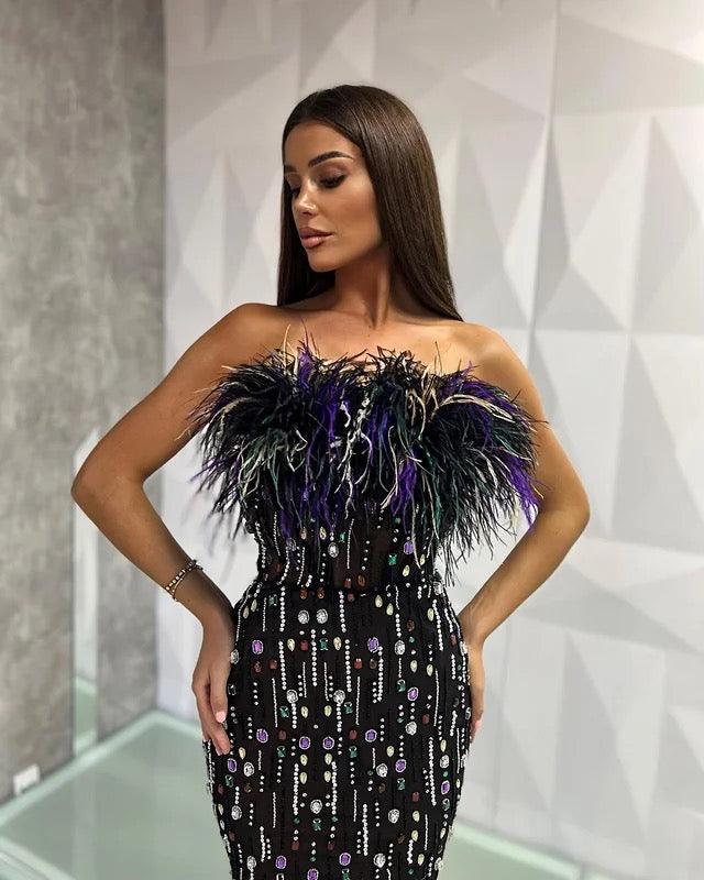 Strapless Sequin Feather Maxi Dress REBECATHELABEL