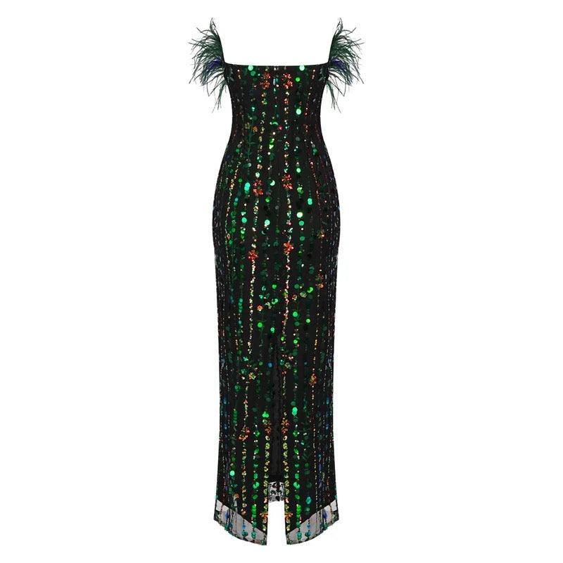 Strapless Sequin Feather Maxi Dress REBECATHELABEL