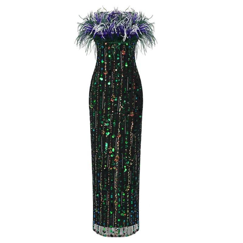 Strapless Sequin Feather Maxi Dress REBECATHELABEL