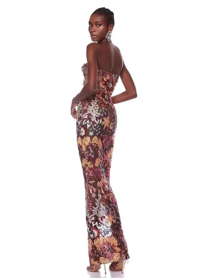 Strapless Sequins Flower Sexy Backless Long Dress REBECATHELABEL