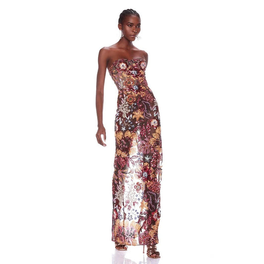 Strapless Sequins Flower Sexy Backless Long Dress REBECATHELABEL