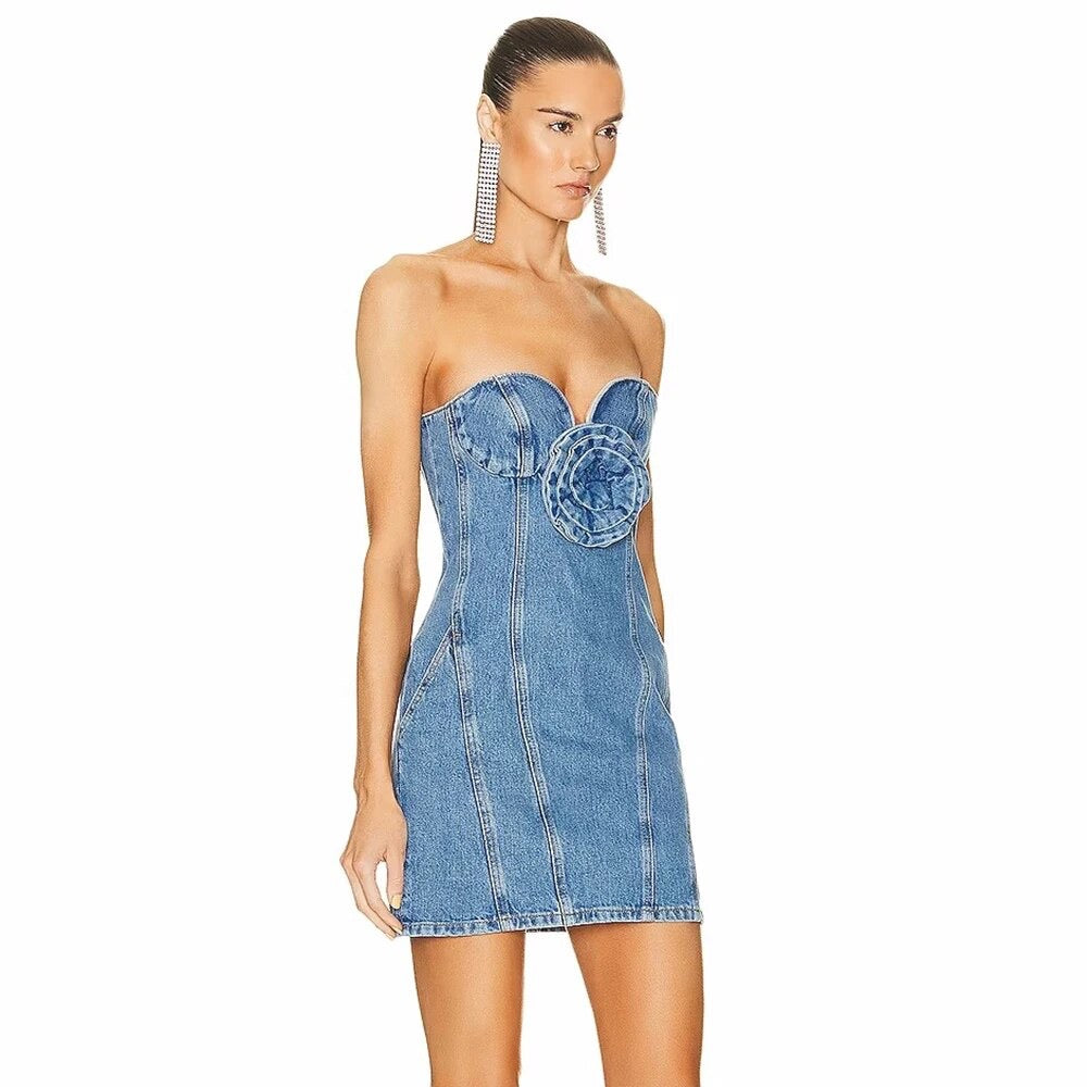 Street Style Off Back Tight Flower Strapless denim dress REBECATHELABEL