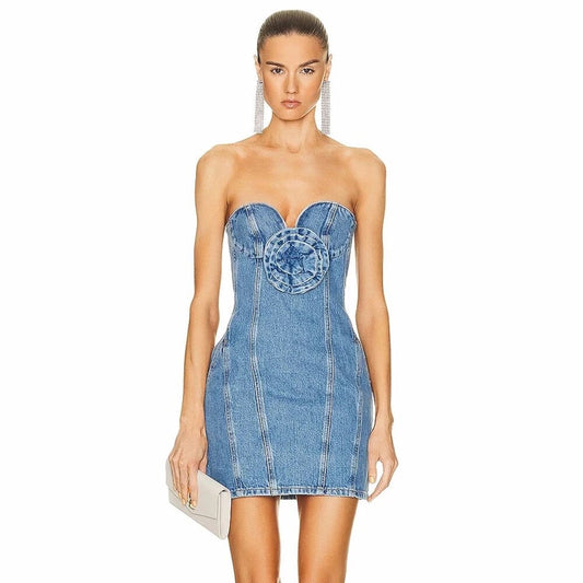 Street Style Off Back Tight Flower Strapless denim dress REBECATHELABEL