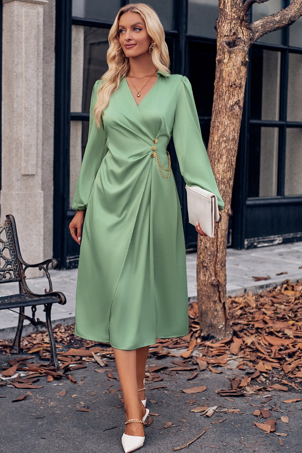 Surplice Neck Puff Sleeve Midi Dress REBECATHELABEL