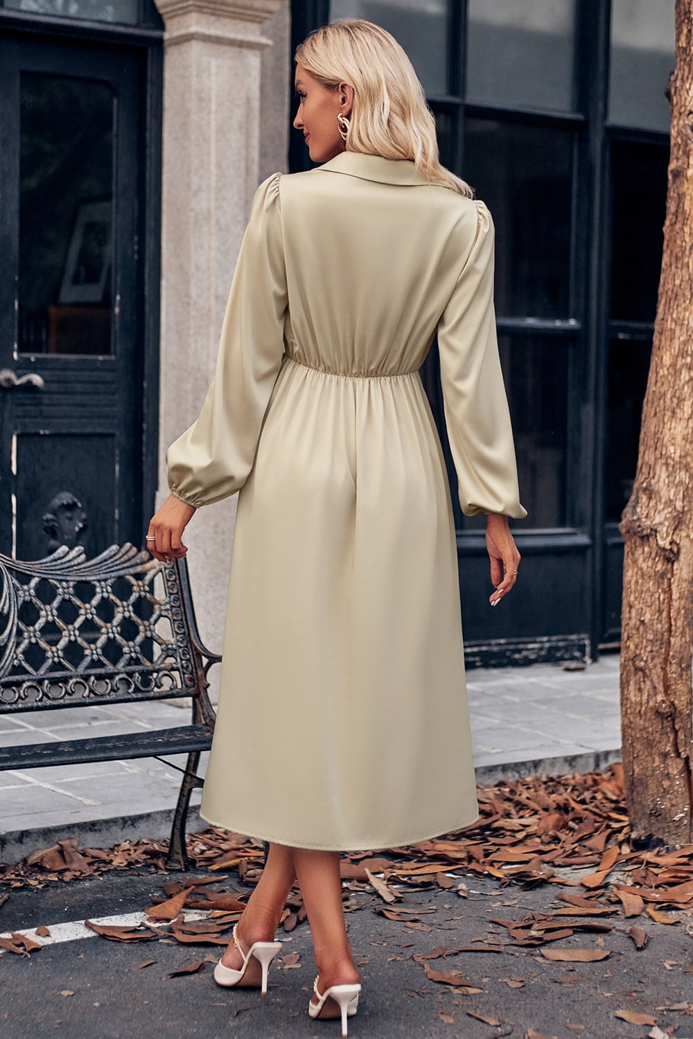 Surplice Neck Puff Sleeve Midi Dress REBECATHELABEL