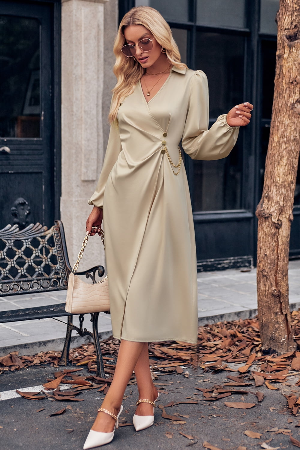 Surplice Neck Puff Sleeve Midi Dress REBECATHELABEL