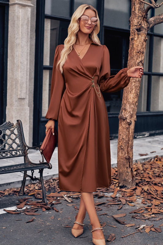 Surplice Neck Puff Sleeve Midi Dress REBECATHELABEL