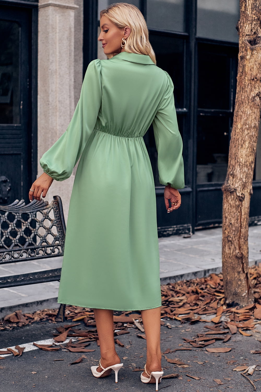 Surplice Neck Puff Sleeve Midi Dress REBECATHELABEL