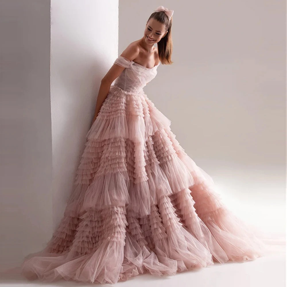 Sweetheart Crumpled Tulle Ruffles Evening Dress REBECATHELABEL