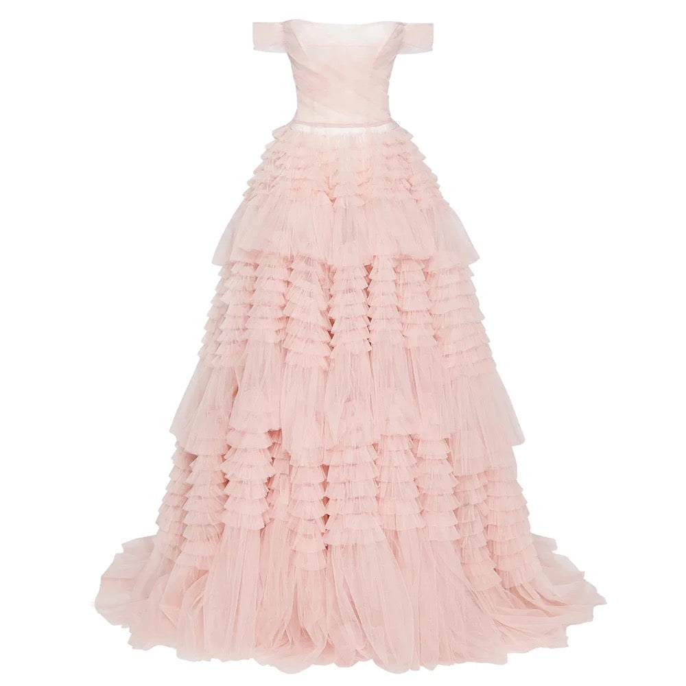 Sweetheart Crumpled Tulle Ruffles Evening Dress REBECATHELABEL