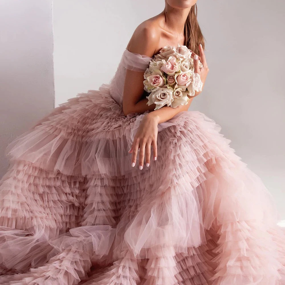 Sweetheart Crumpled Tulle Ruffles Evening Dress REBECATHELABEL