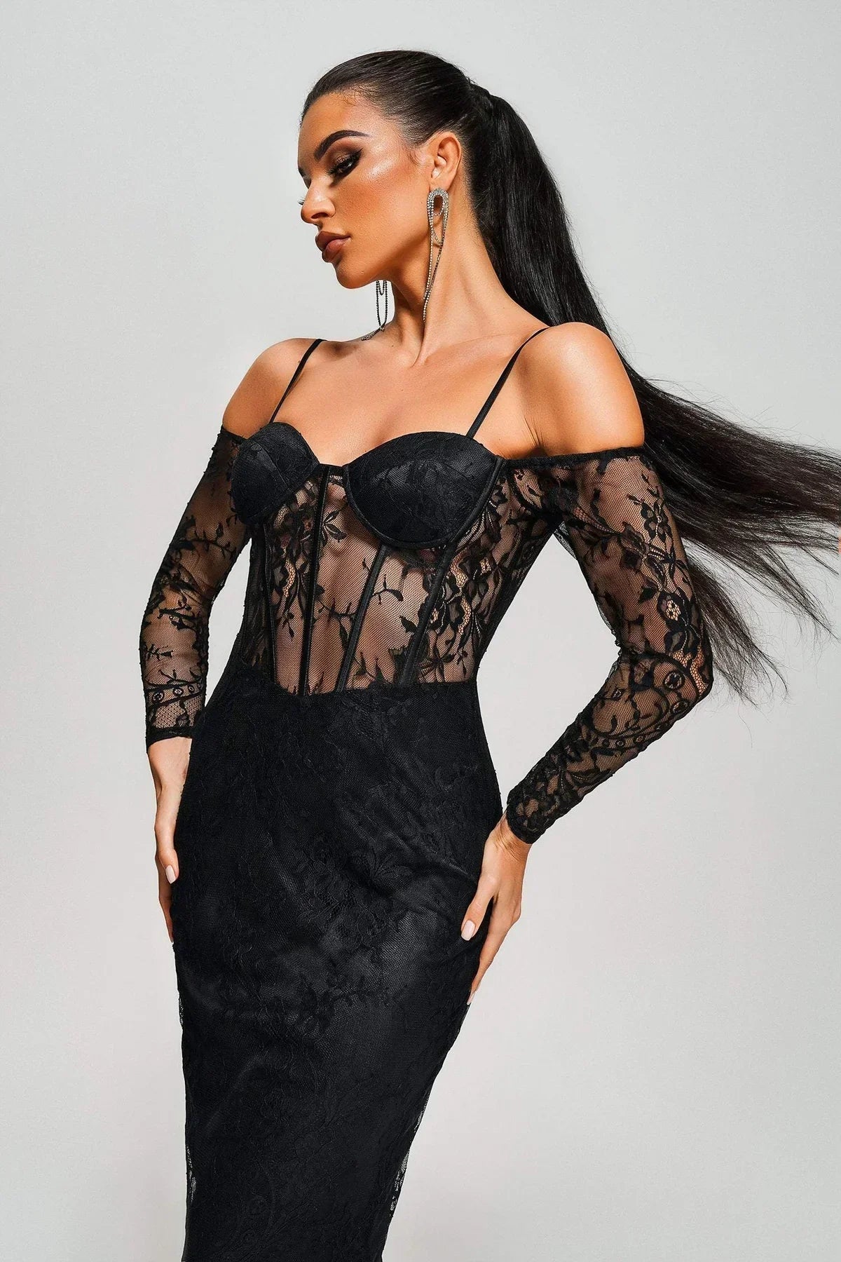 Tamarah Off Shoulder Lace Midi Dress REBECATHELABEL