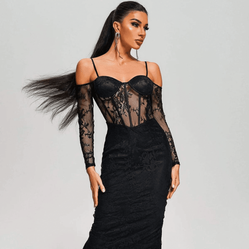 Tamarah Off Shoulder Lace Midi Dress REBECATHELABEL